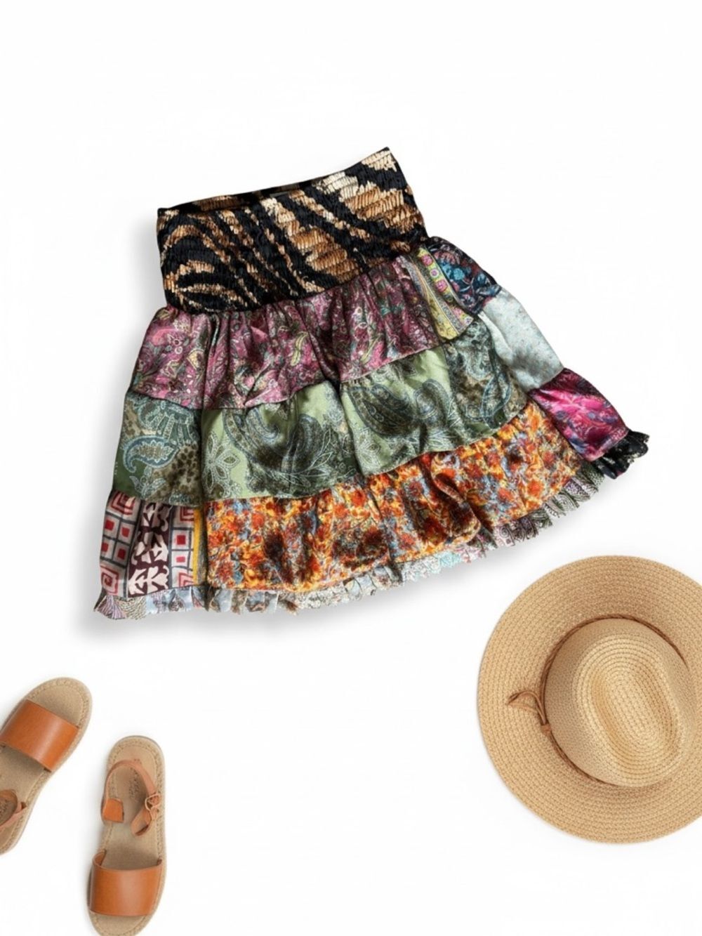 Karma Highway Boho Patchwork Mini Skirt One Size Paisley Tiered Festival 90s Y2K